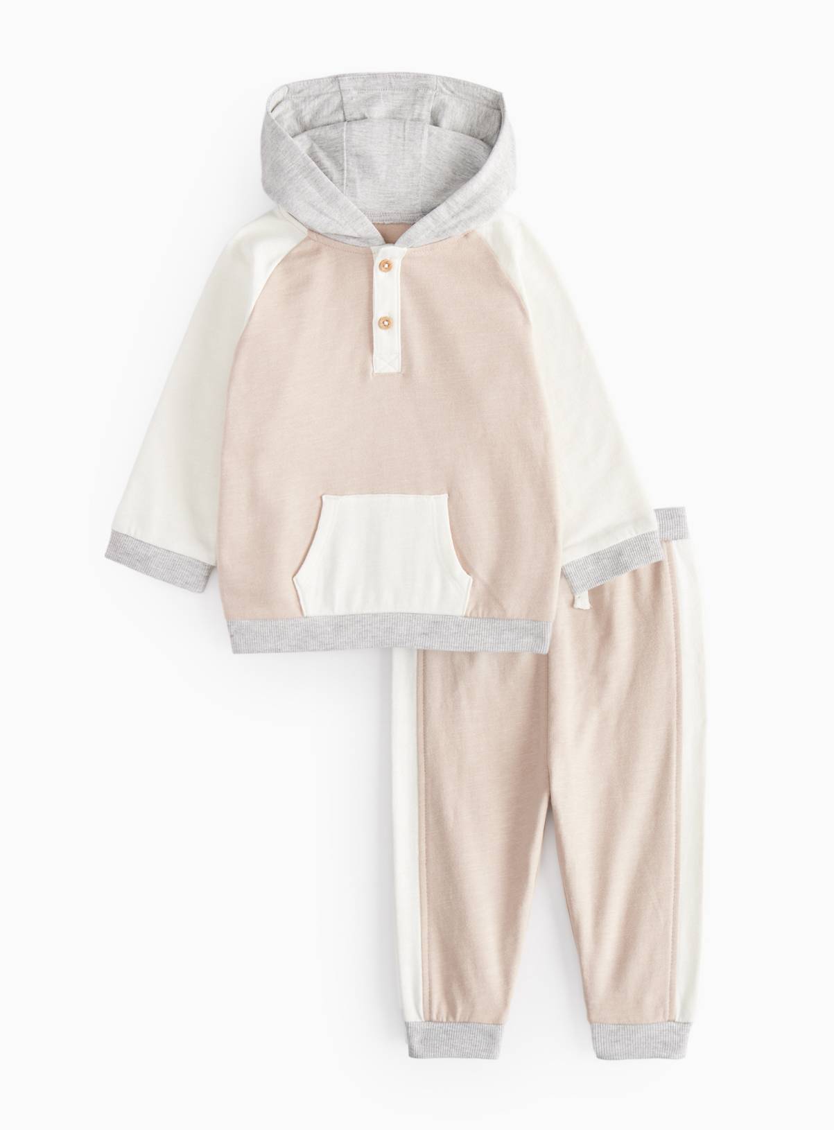 Beige Colour Block Jersey Hoodie & Joggers 3-6 months - Image 1